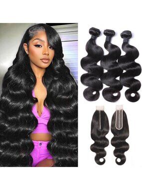 18-22 Inch Body Wave Human Hair Bundles with 2x6 Lace Closure - Natural Black
